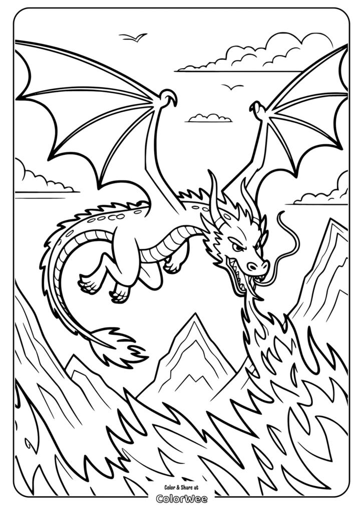 Dragon breathing fire over mountains coloring page