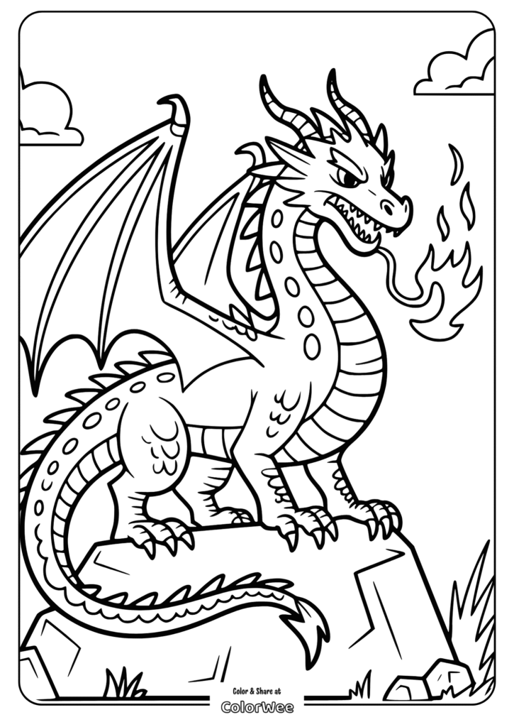 Fierce dragon coloring page with fire and wings ready to print.