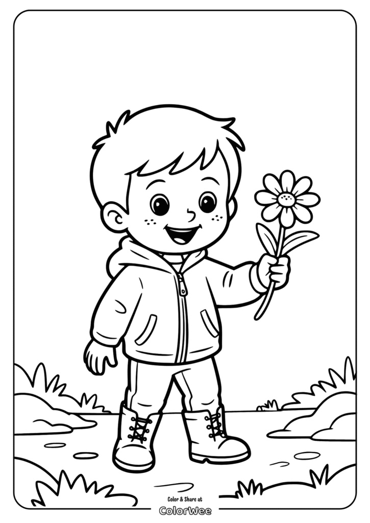 Boy smiling with flower coloring page.