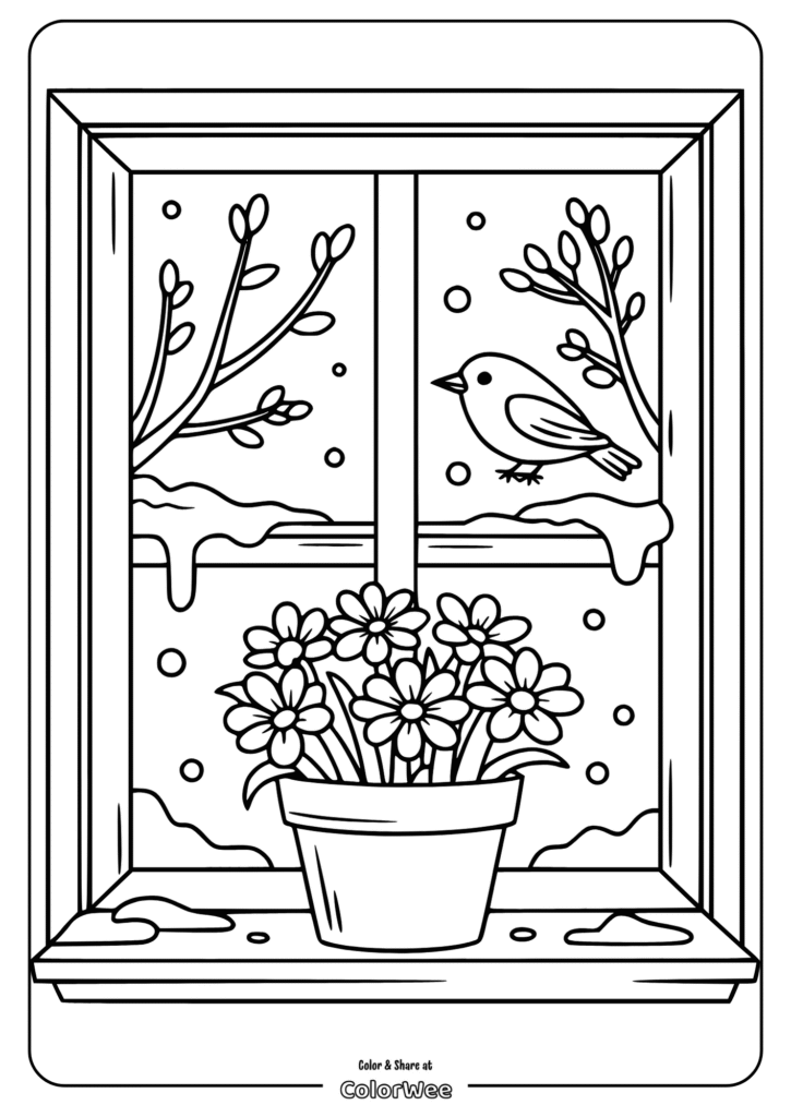 Coloring page of winter window with bird and flowers.