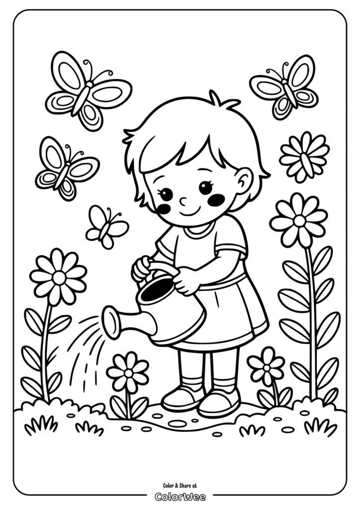 Child watering flowers with butterflies around. Coloring page illustration.