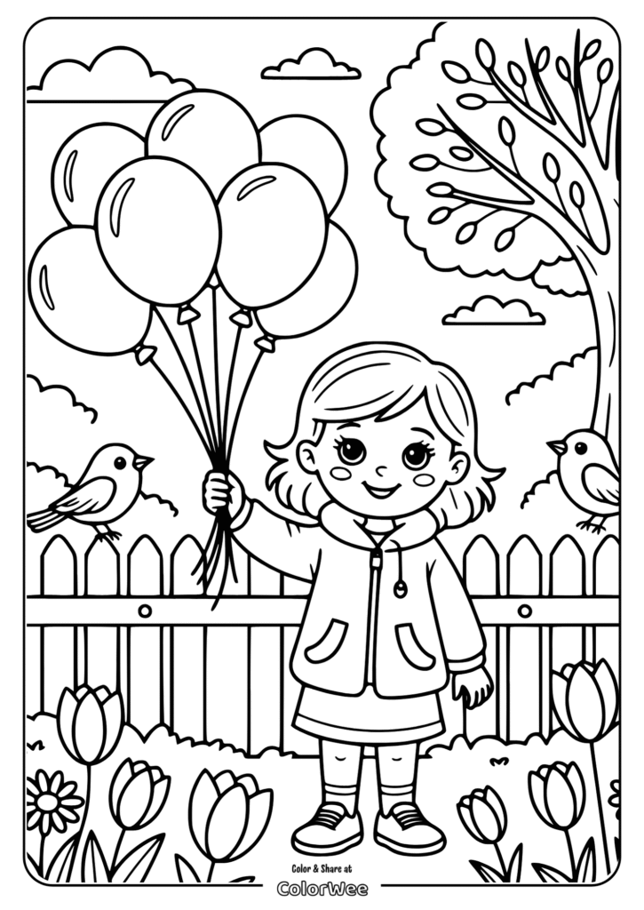 Child with balloons in a spring garden coloring page.