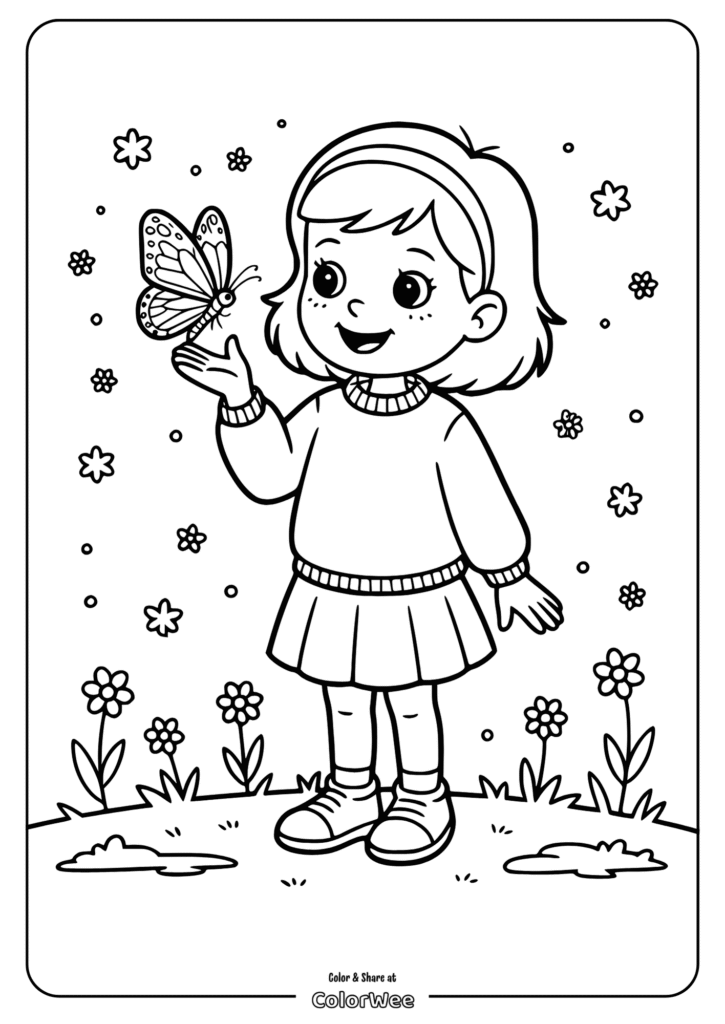 Young girl with a butterfly in a garden coloring page.