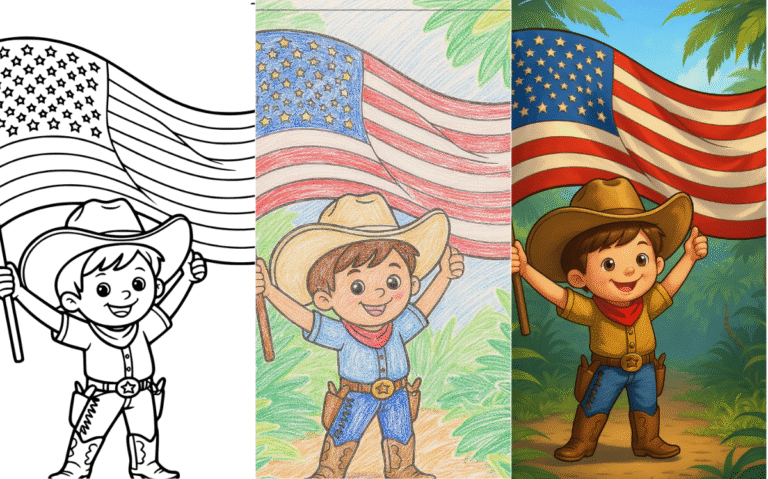 Cowboy kid holding American flag coloring page.