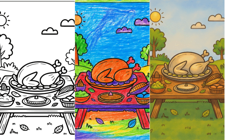 Thanksgiving feast coloring page with turkey and fall leaves