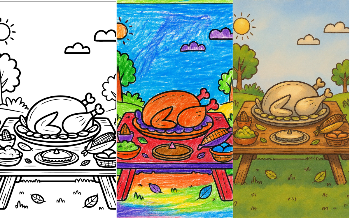 Thanksgiving feast coloring page with turkey and fall leaves