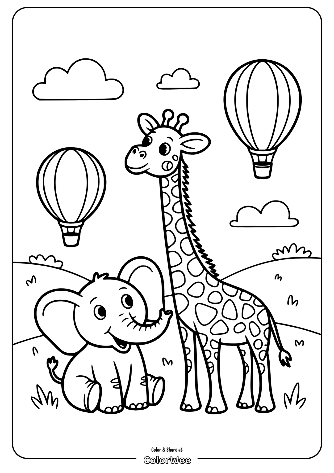 Elephant and giraffe with hot air balloons coloring page.