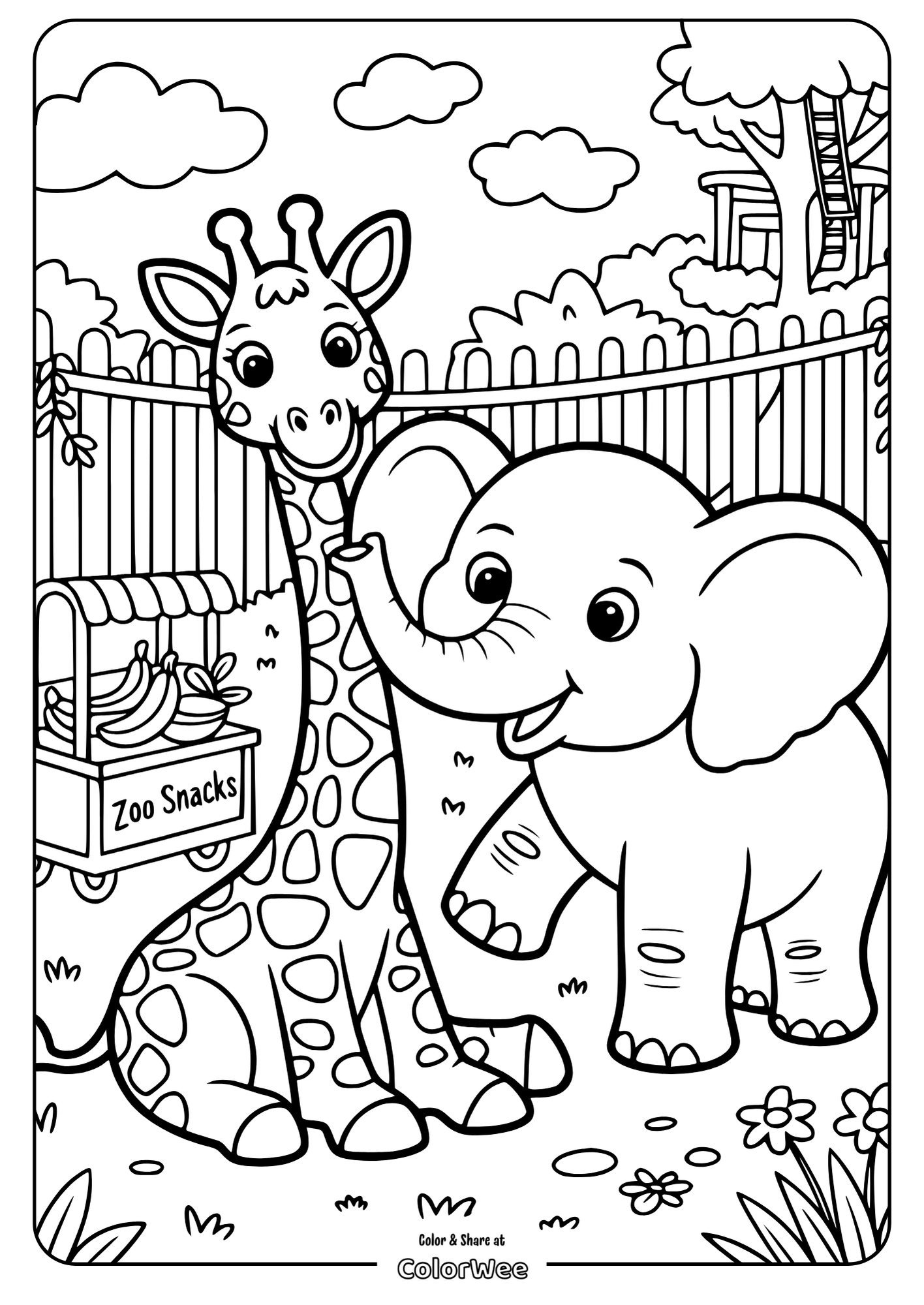 Coloring page with happy giraffe and elephant at a zoo snacks stand.