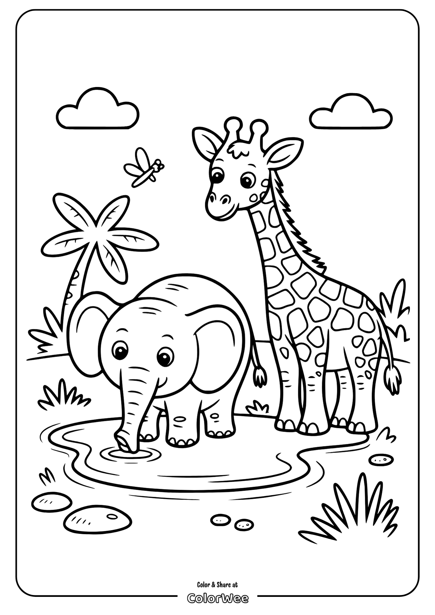 Elephant and giraffe at a pond coloring page for kids.