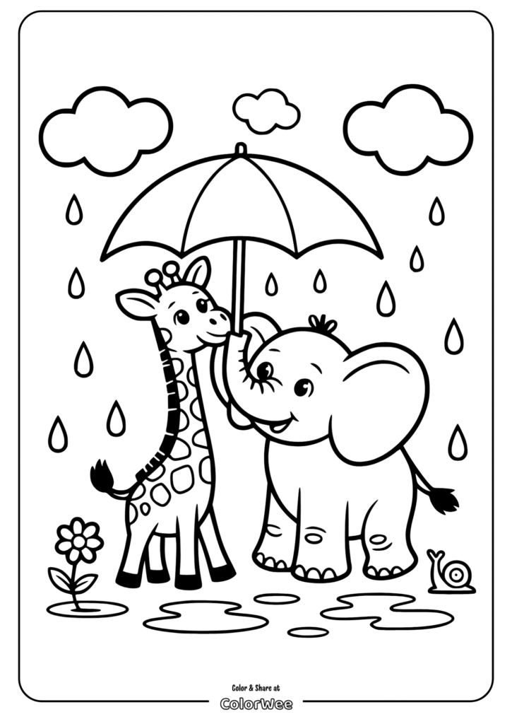 Giraffe and elephant share umbrella in rainy coloring page.