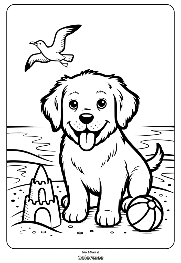 Adorable puppy at beach with sandcastle and seagull coloring page.
