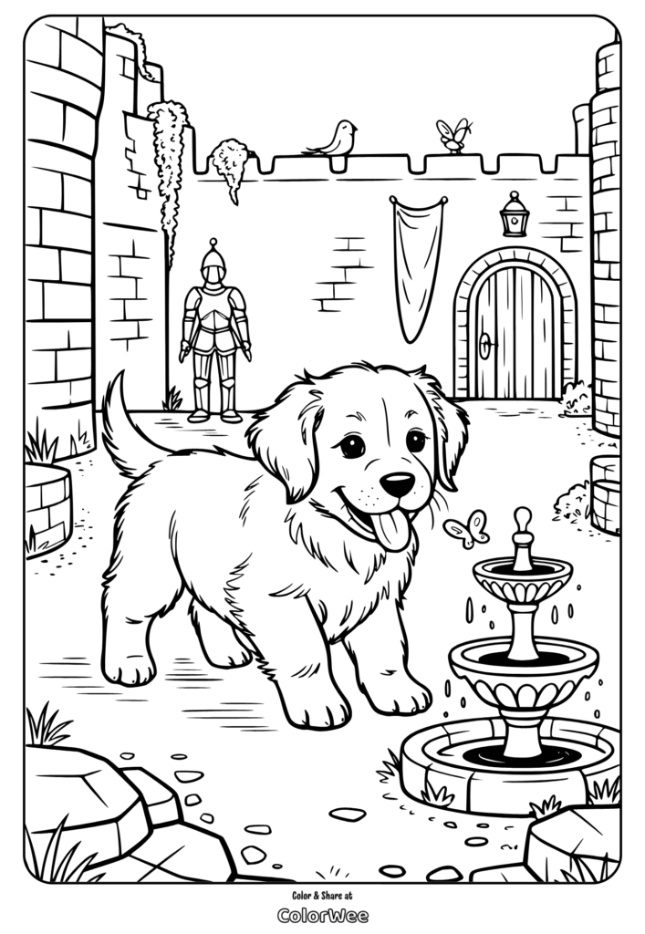 Puppy in medieval courtyard with fountain and armor. Coloring page.