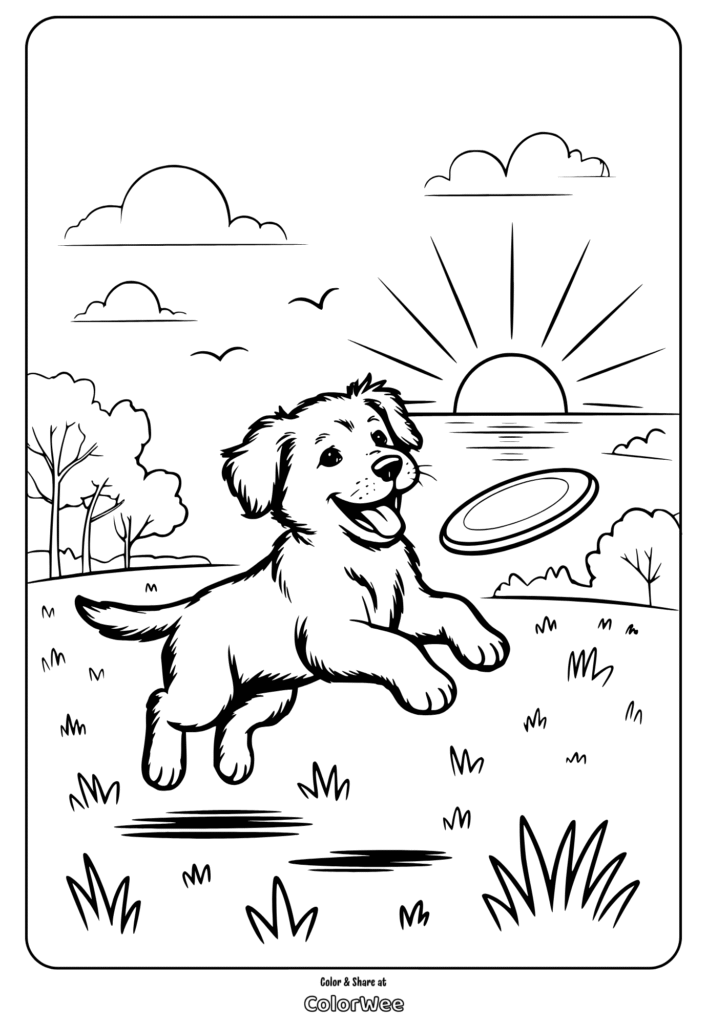 Happy puppy playing fetch in a sunny field coloring page.