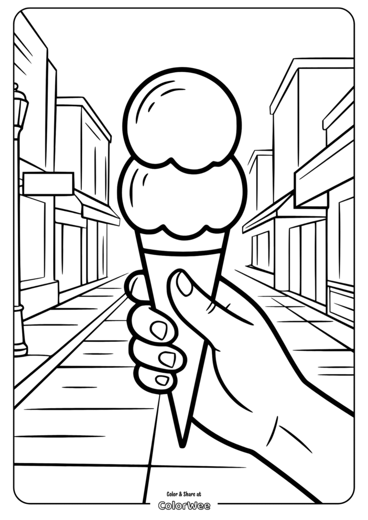 Hand holding ice cream cone coloring page for kids