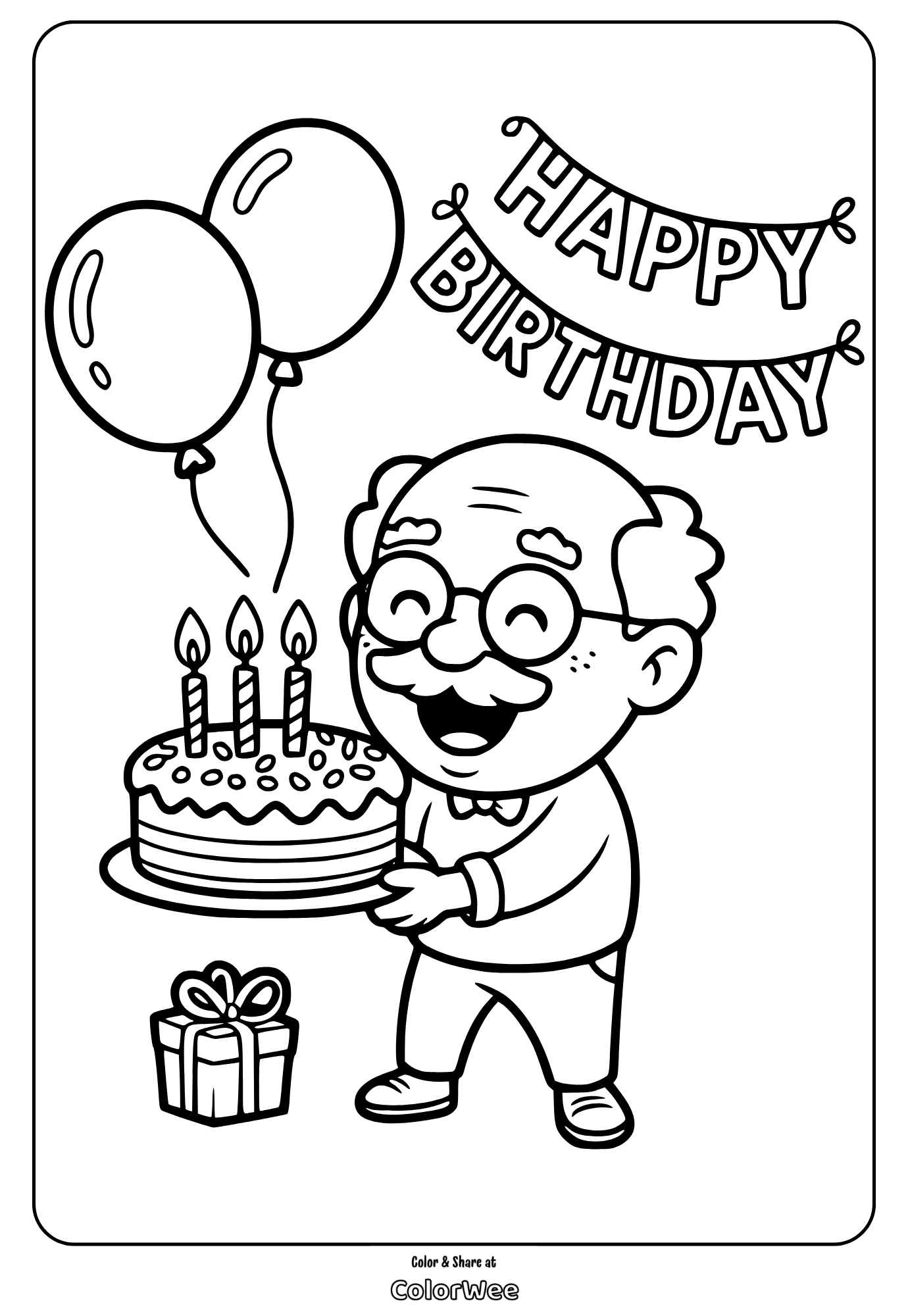 Happy Birthday coloring page with cake and balloons.