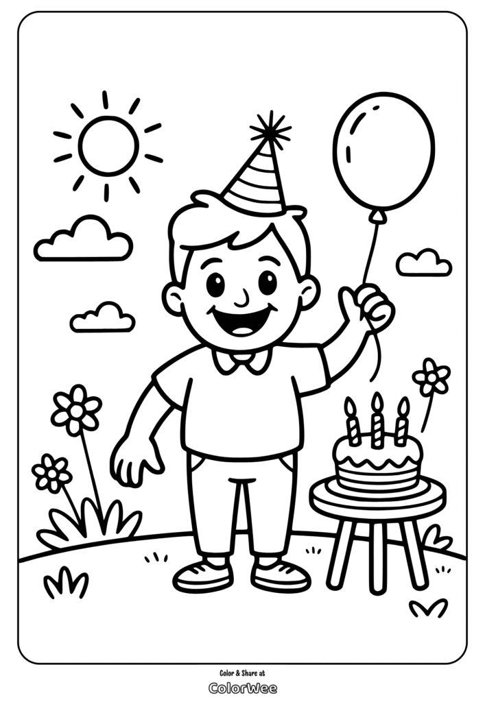 Child with a balloon and birthday cake in a sunny outdoor scene. Coloring page.