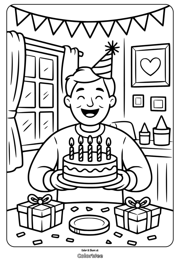 Birthday party coloring page with cake and presents