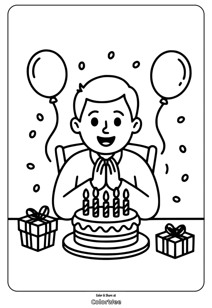 Birthday cake coloring page with balloons and gifts.