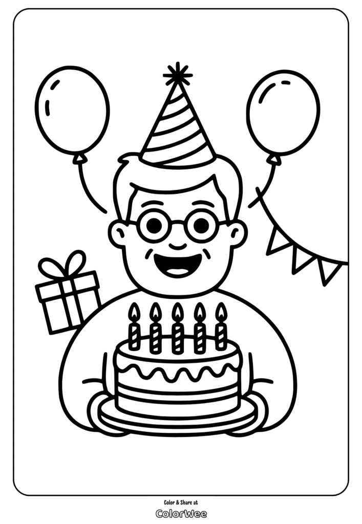 Coloring page: Birthday celebration with cake, balloons, and gifts.