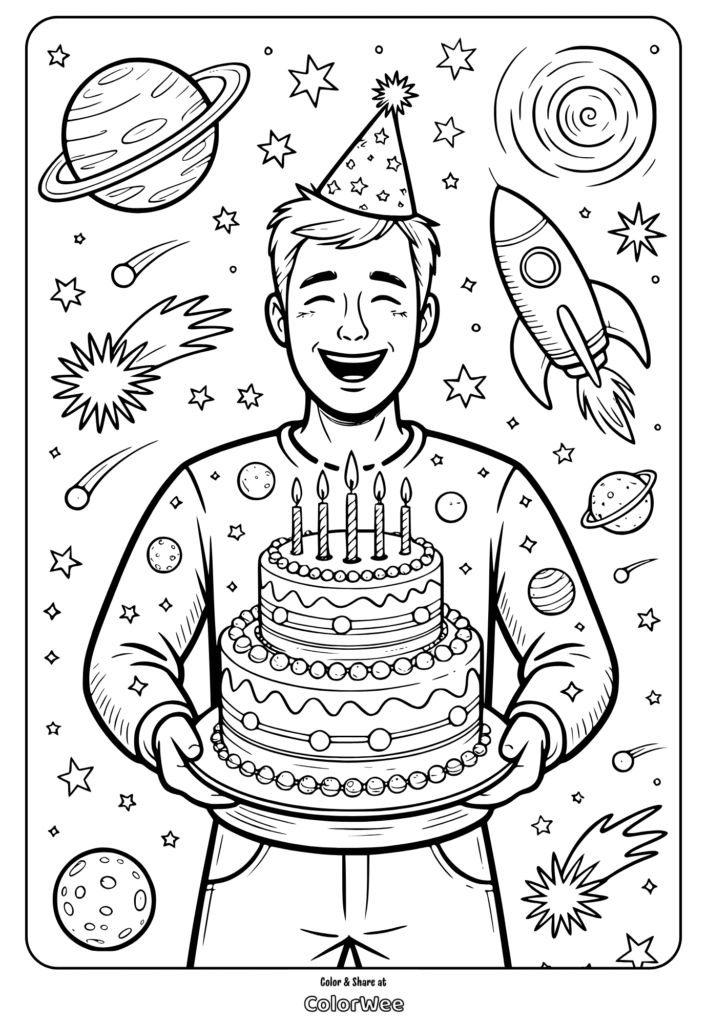 Space-themed birthday coloring page with cake and planets