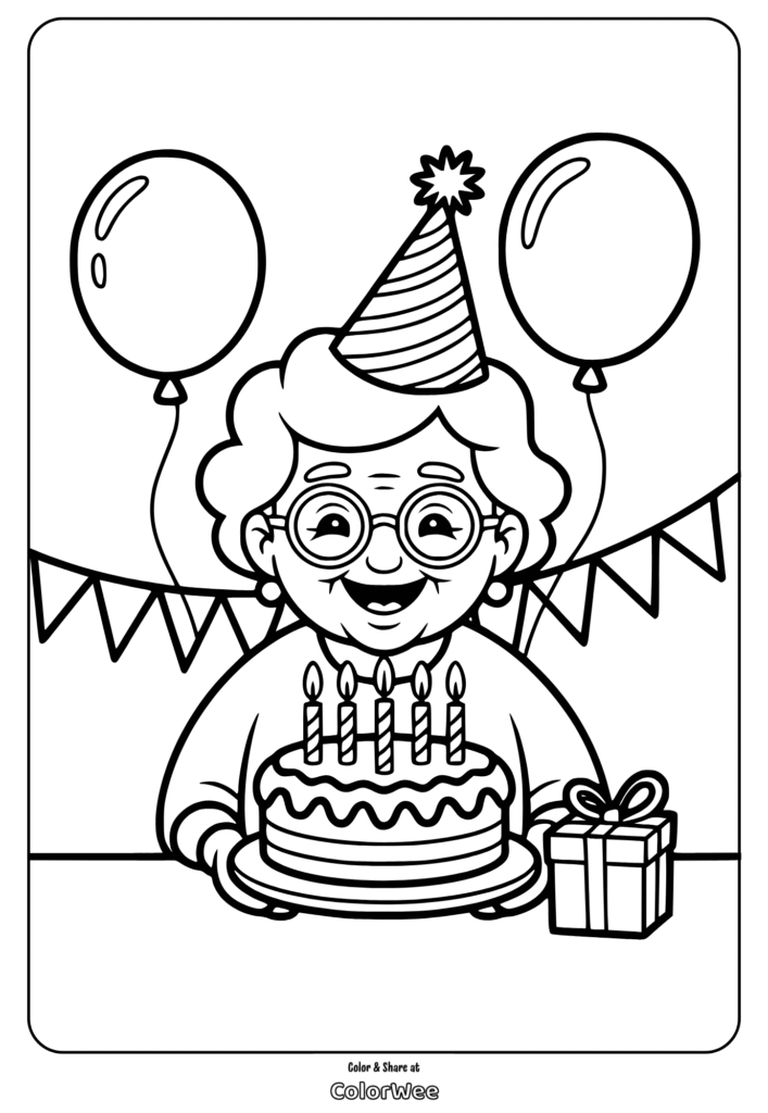 Grandma with birthday cake and balloons coloring page.