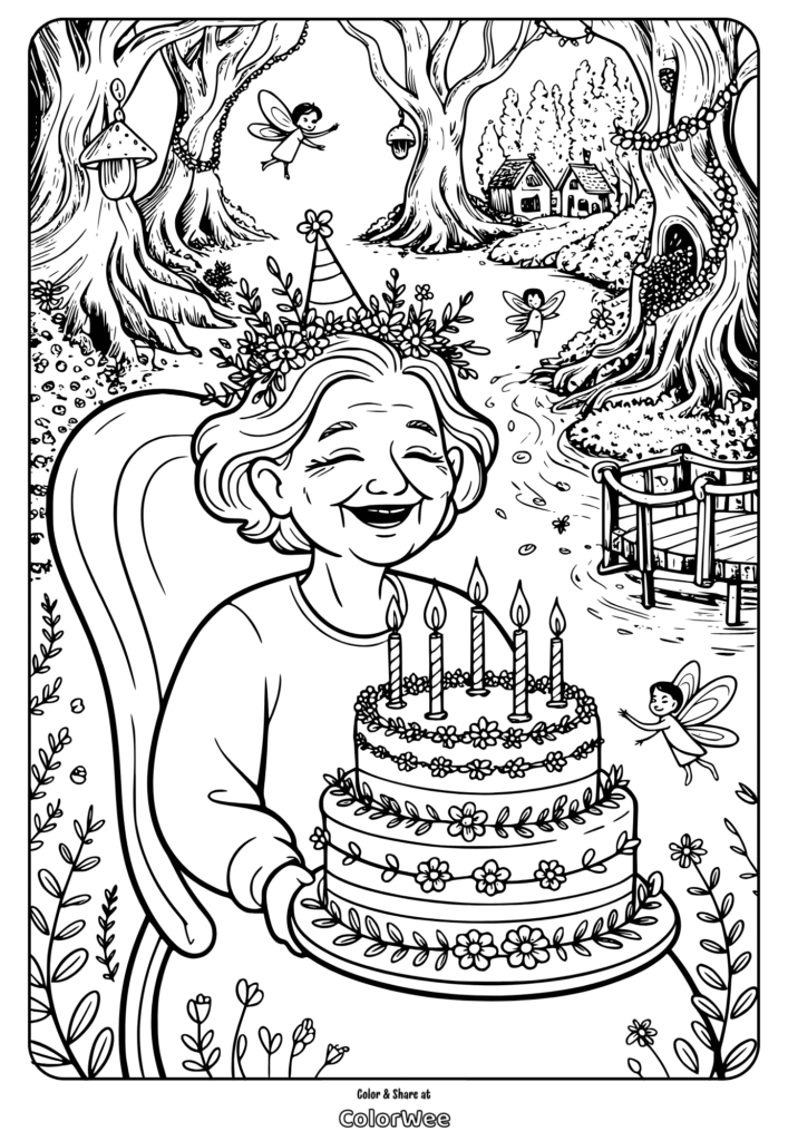 A joyful woman with a cake in a magical forest.