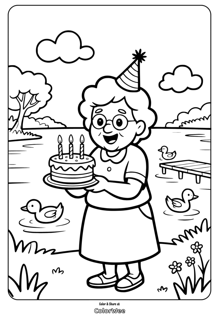 Grandma with birthday cake by the lake coloring page.