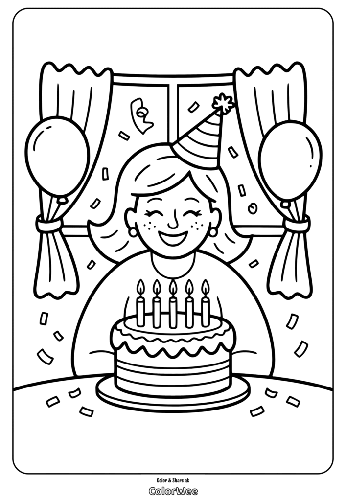 Birthday celebration coloring page with cake and balloons.