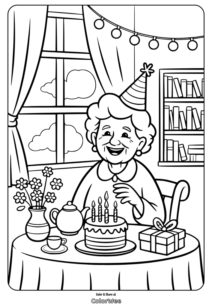 Grandma's birthday party coloring page with cake, gift, and party hat.