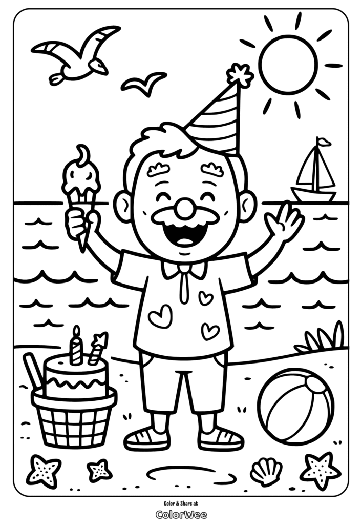 Birthday beach coloring page with boy, cake, and ice cream.