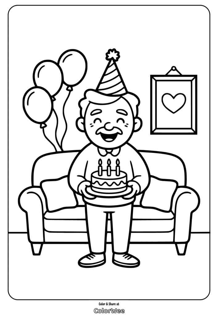 Birthday coloring page with cake and balloons.