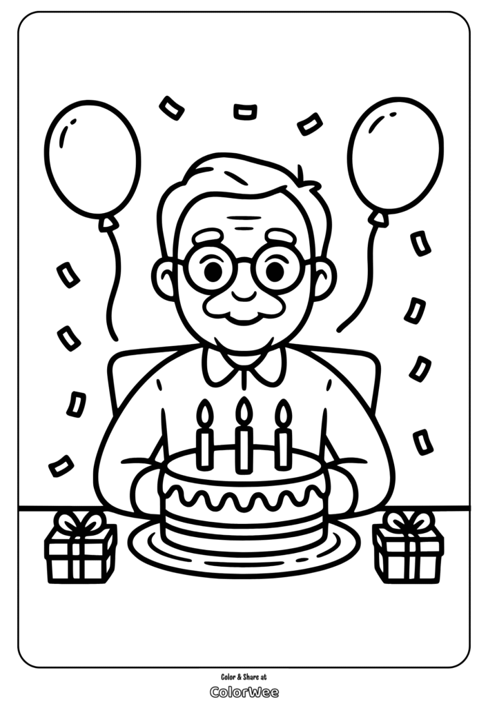Birthday coloring page with cake, balloons, and gifts.