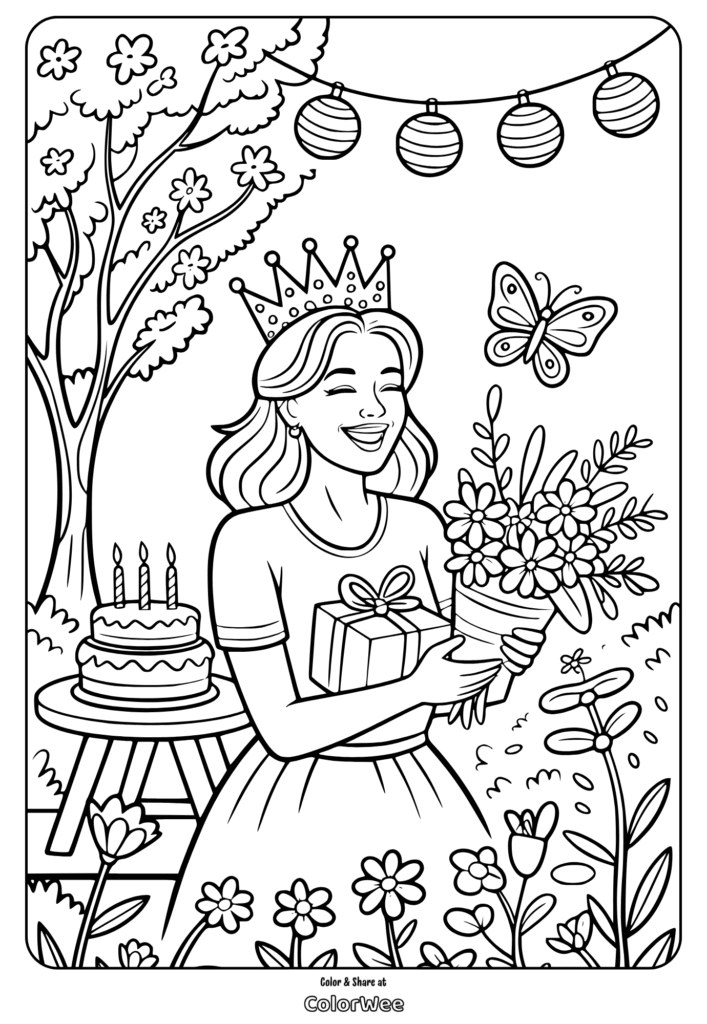 Happy girl with crown and gifts in garden coloring page