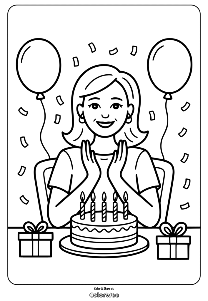 Birthday coloring page with cake, candles, balloons, and gifts.