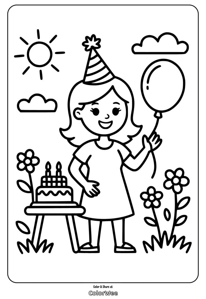 Girl's birthday coloring page with cake and balloon.