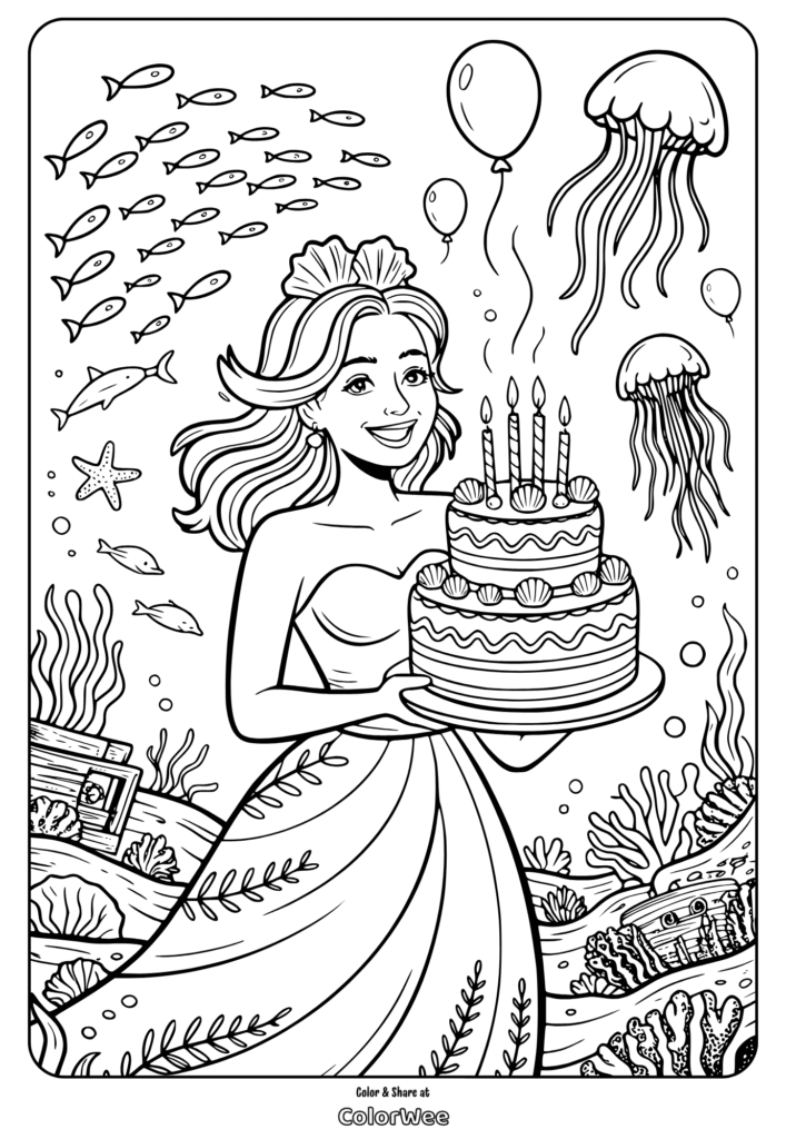 Mermaid with birthday cake underwater coloring page