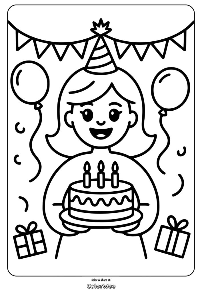 Girl with birthday cake and balloons coloring page.