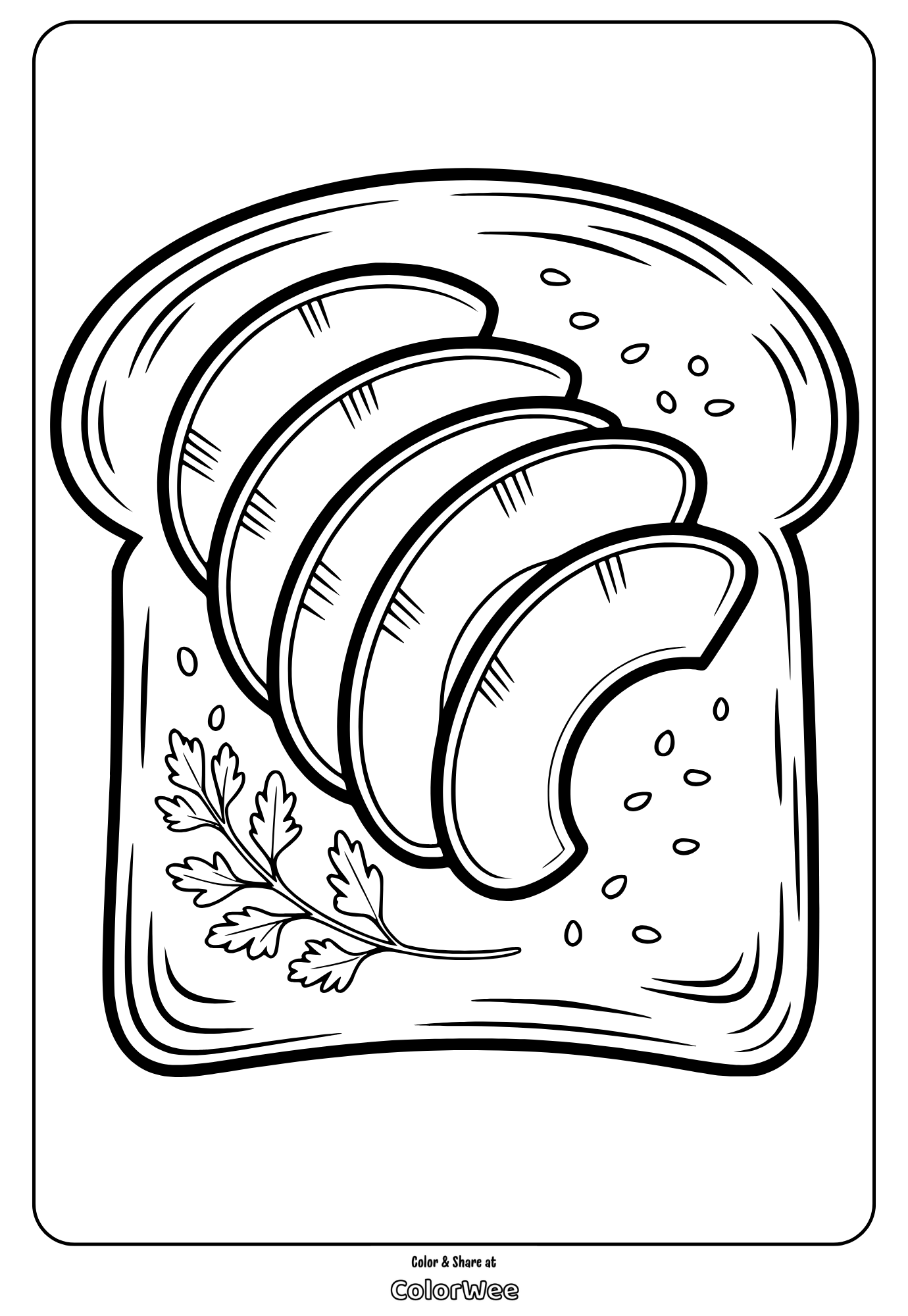 healthy food avocado toast Bread slice with cucumber and herbs coloring page.
