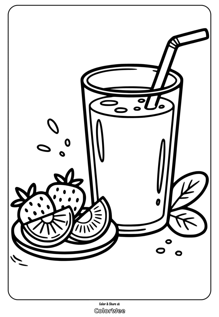 Coloring page of juice glass with fruits and straw.