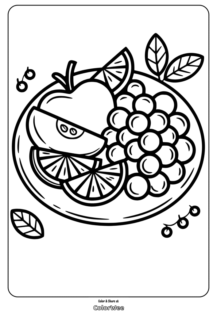 Fruit coloring page with apple, grapes, and citrus slices on a plate.