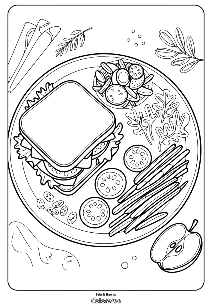 Coloring page with sandwich, salad, veggies, and apple slices.