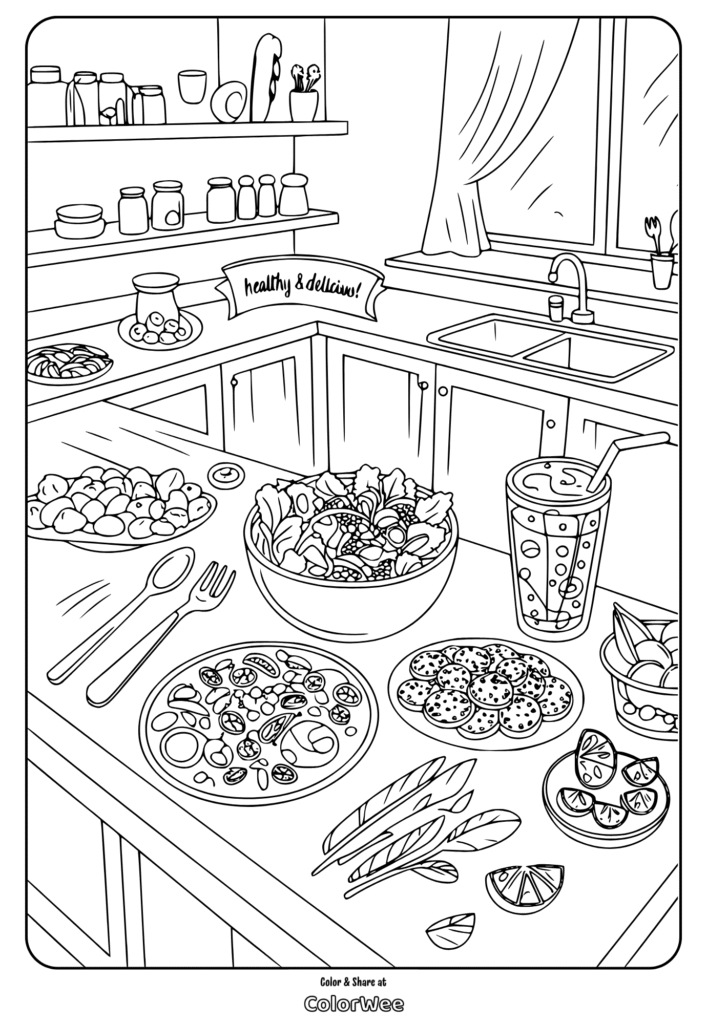 Kitchen counter with fruits, salad, and drinks coloring page.