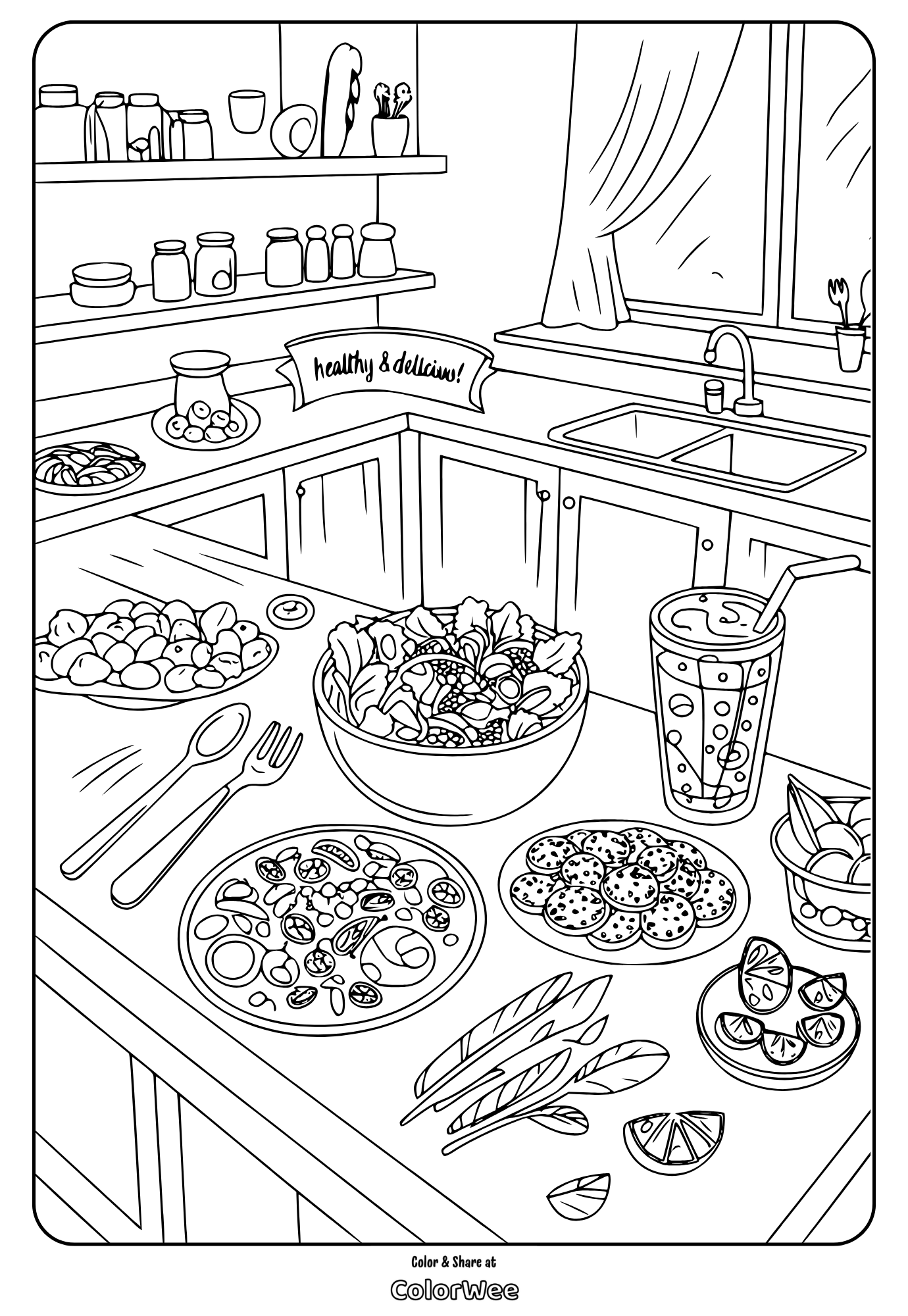 healthy food prepared meals in kitchen Kitchen counter with fruits, salad, and drinks coloring page.