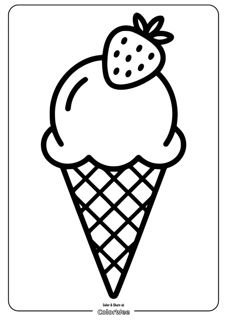 Coloring page of an ice cream cone with a strawberry topping.