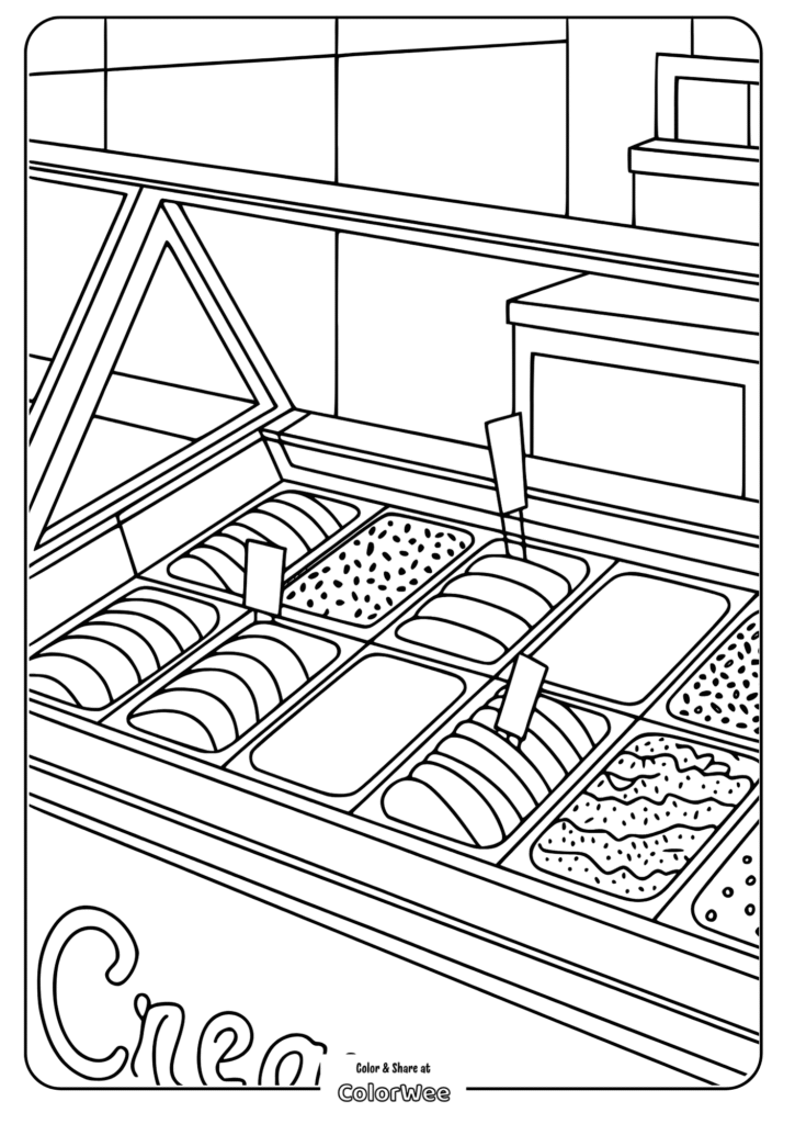 Gelato shop coloring page with different ice cream flavors displayed.