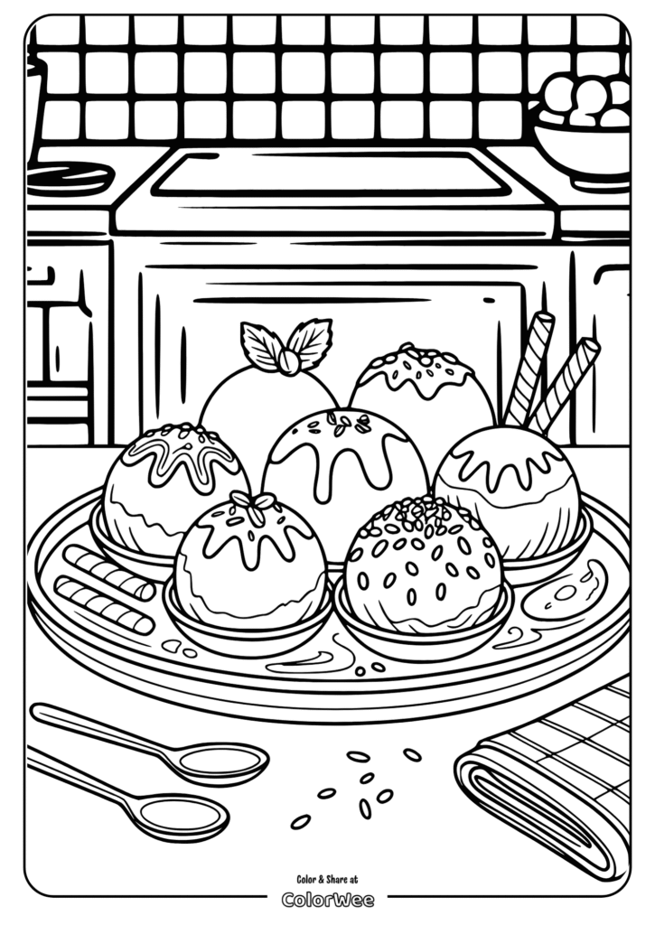 Ice cream scoops coloring page for kids' fun activities.
