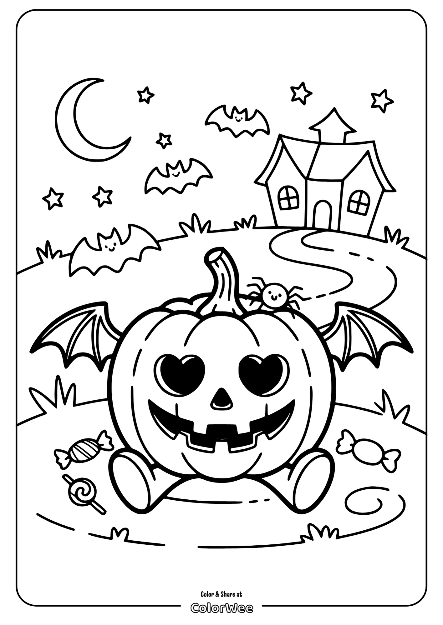 Cute Halloween pumpkin coloring page with bats and candy.