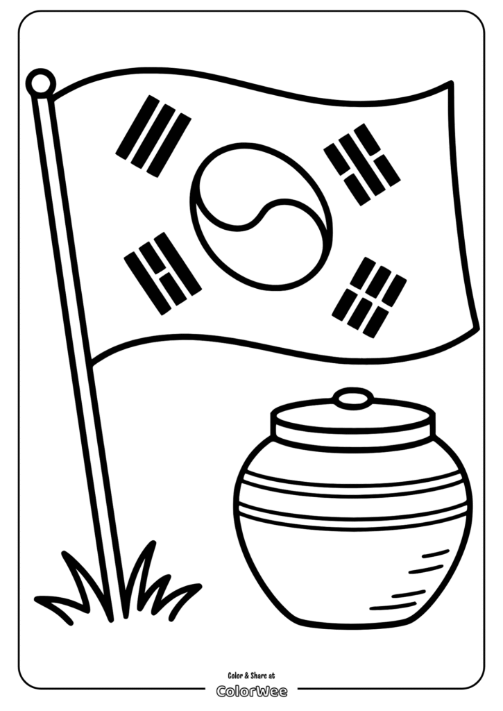 Korean flag and jar coloring page, perfect for kids and educational fun.