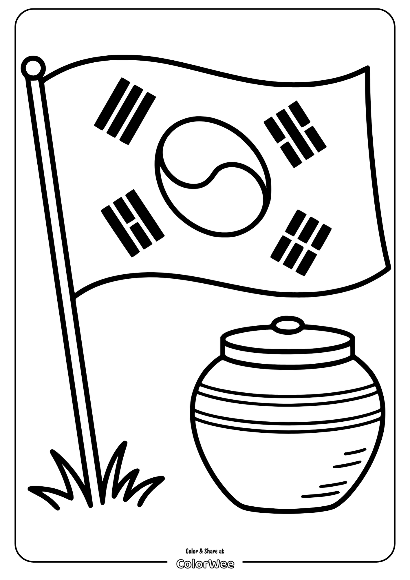 Korean flag and jar coloring page, perfect for kids and educational fun.