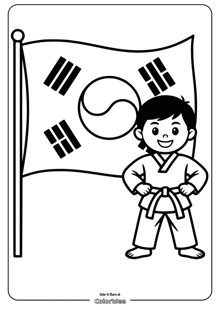 Taekwondo kid with Korean flag coloring page.